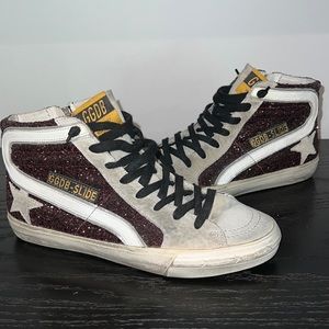 Golden Goose Slides Burgundy Leather Glitter Sneakers EUR 38